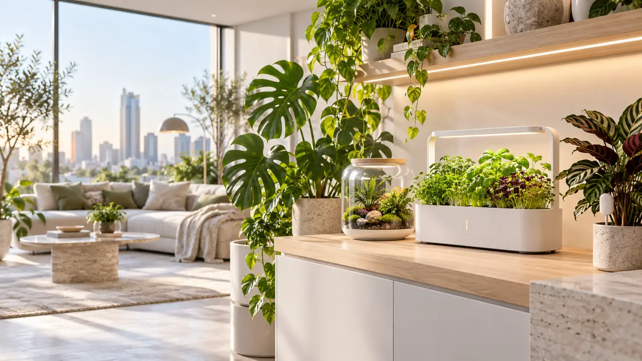 Plantes d’intérieur dans un salon minimaliste avec système autonome et éclairage LED