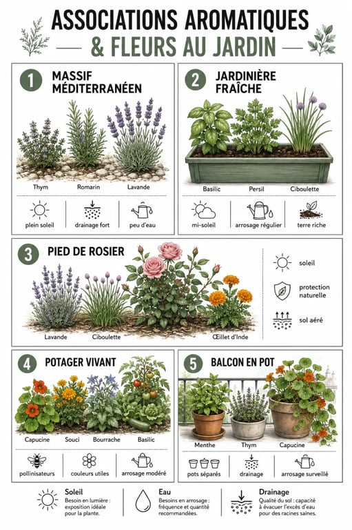Association plantes aromatiques et fleurs : tableau visuel des meilleures combinaisons selon le soleil, l’eau et le type de culture