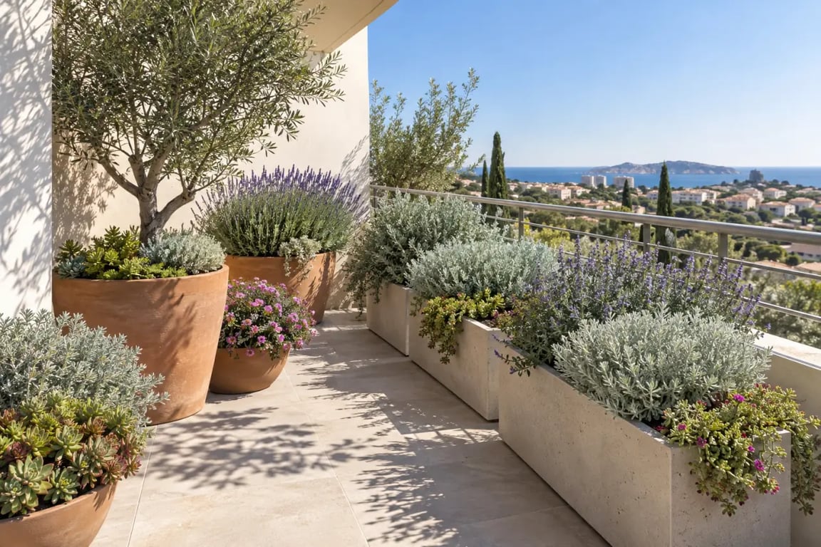 Plantes plein soleil sans arrosage balcon dans des pots et jardinières méditerranéennes