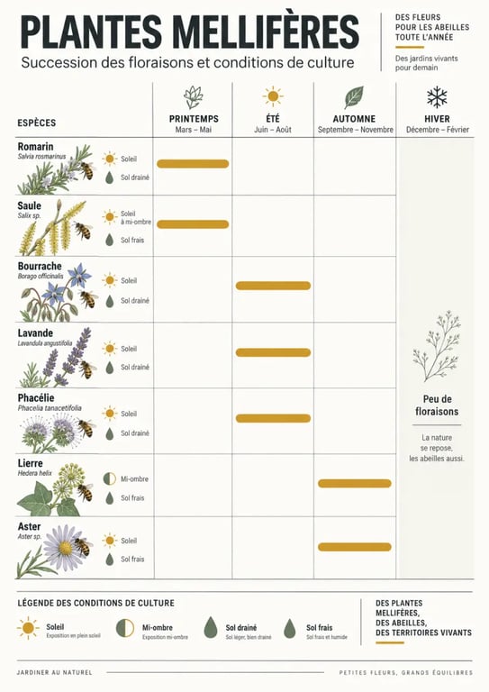 Infographie sur les plantes mellifères à choisir selon les saisons, le sol et l’exposition