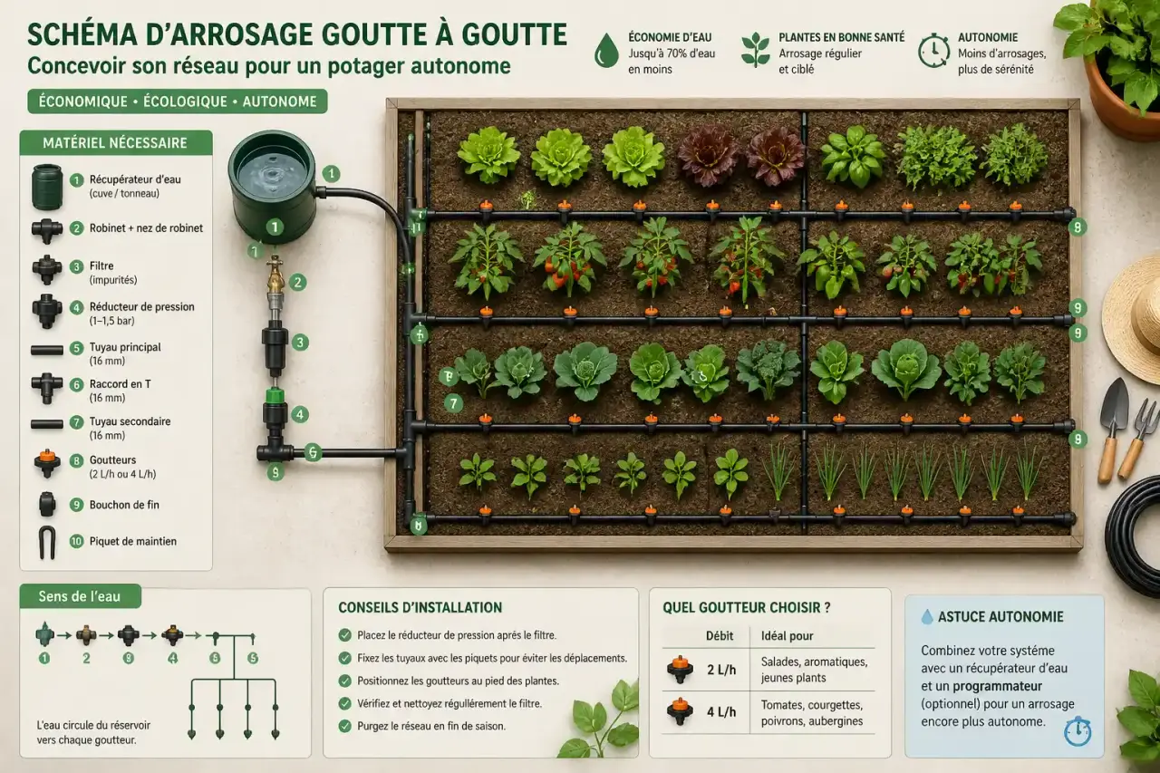 Schéma d'arrosage goutte à goutte : concevoir son réseau pour un potager autonome