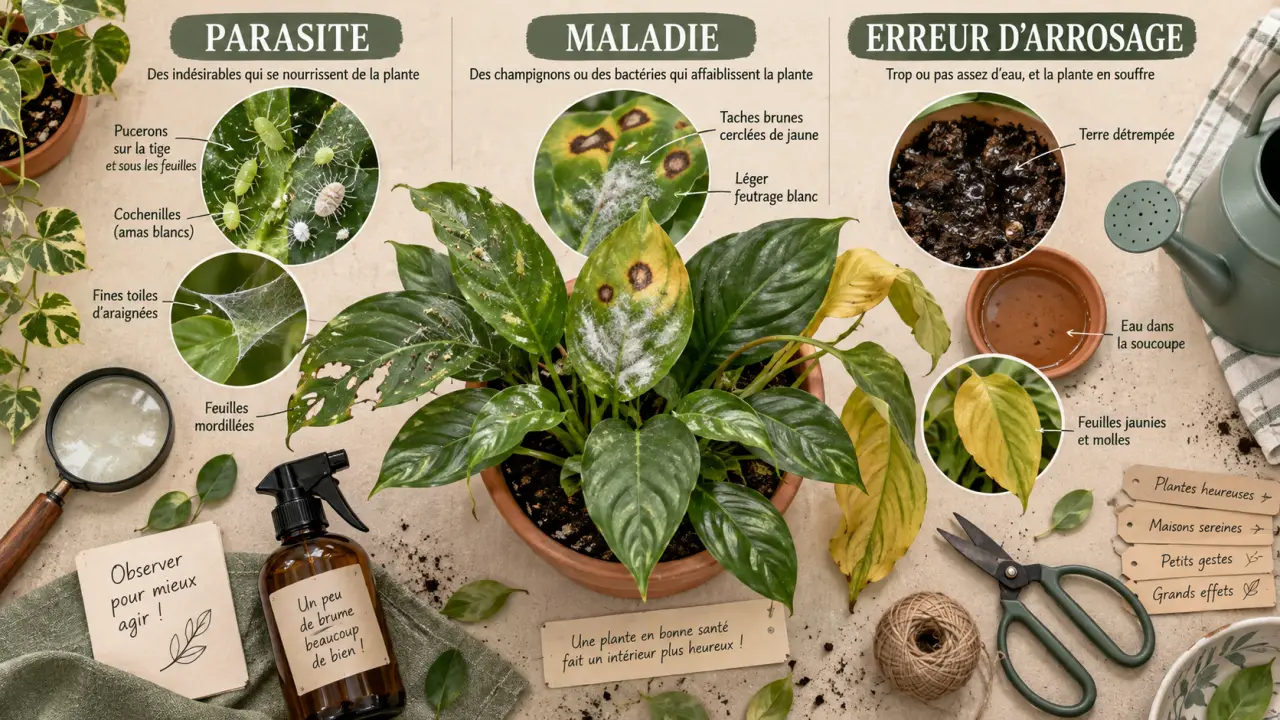 Maladie des plantes vertes : distinguer un parasite, une maladie et une erreur d’arrosage