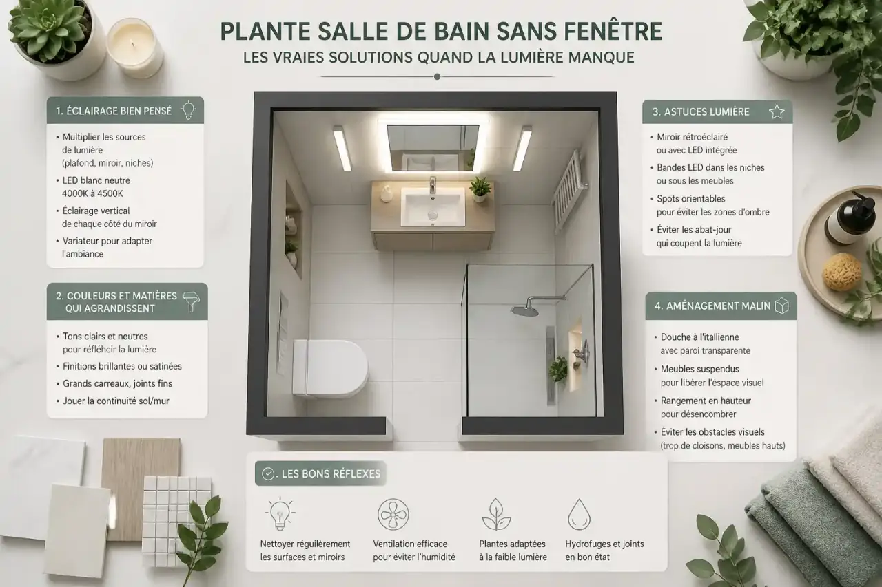 Plante salle de bain sans fenêtre : les vraies solutions quand la lumière manque