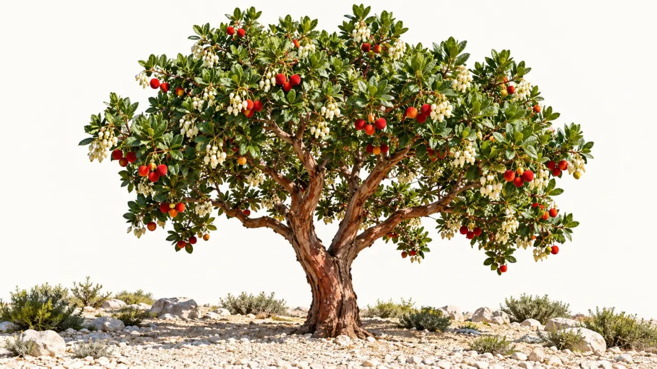Arbousier en sujet isolé dans un jardin avec arbuste persistant plein soleil