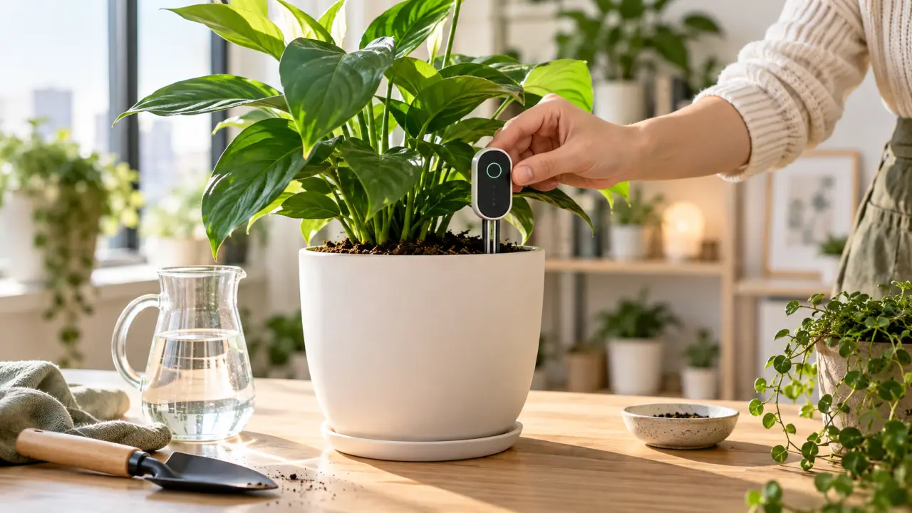 Capteur d’humidité minimaliste planté dans le terreau d’une plante d’intérieur