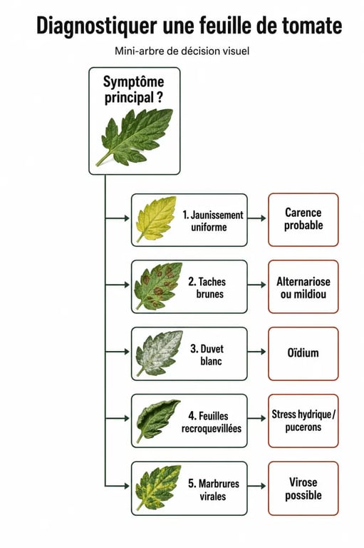 Maladie tomate feuille : arbre de décision visuel pour identifier les symptômes sur les feuilles