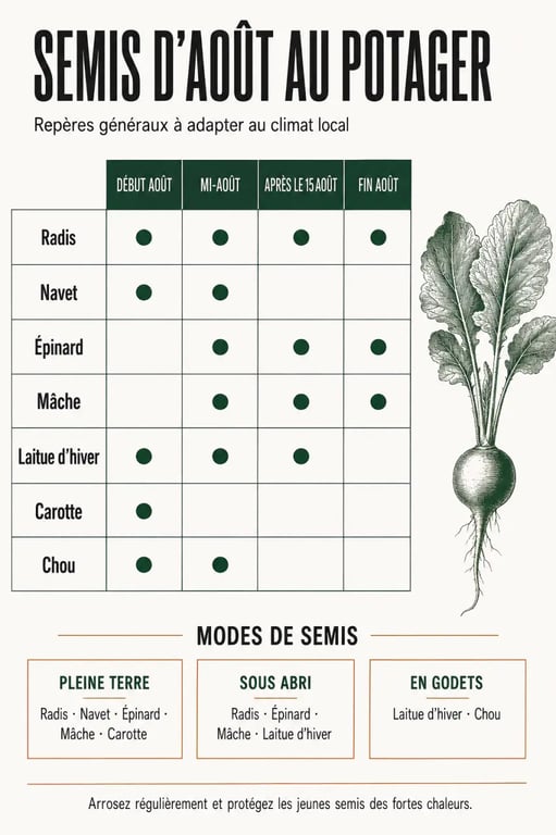 Infographie des légumes à semer en août au potager selon la période et le mode de culture