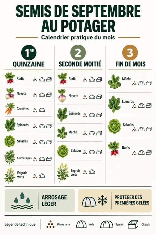 Calendrier des semis en septembre au potager avec cultures et protections