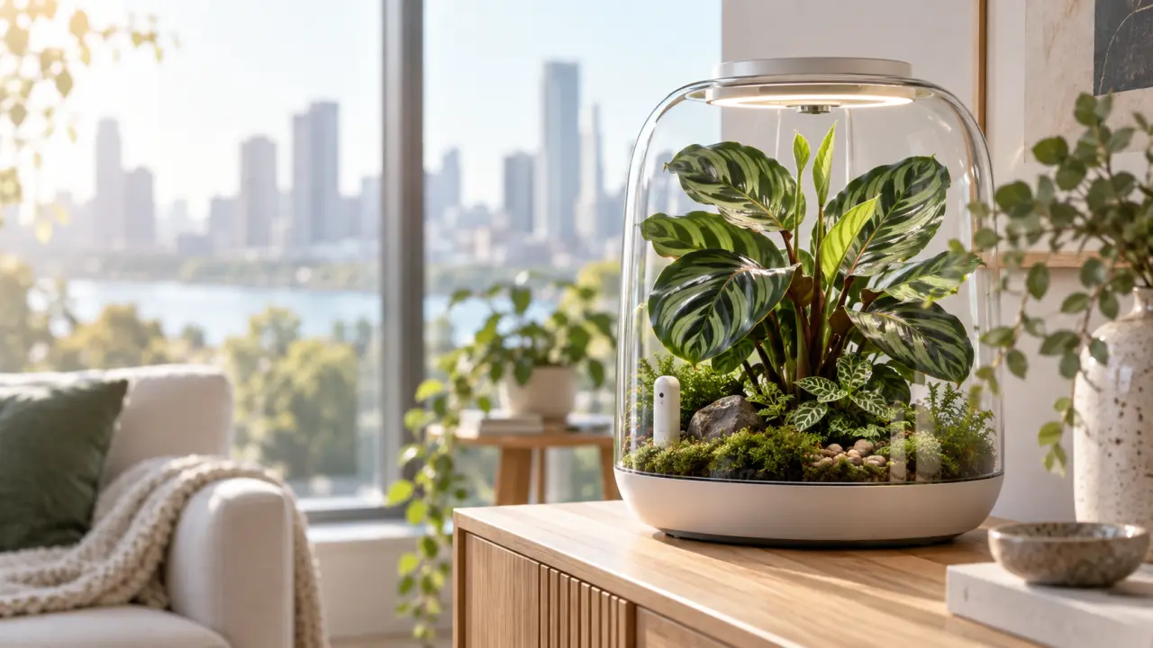 Calathea luxuriant dans un terrarium connecté au design minimaliste
