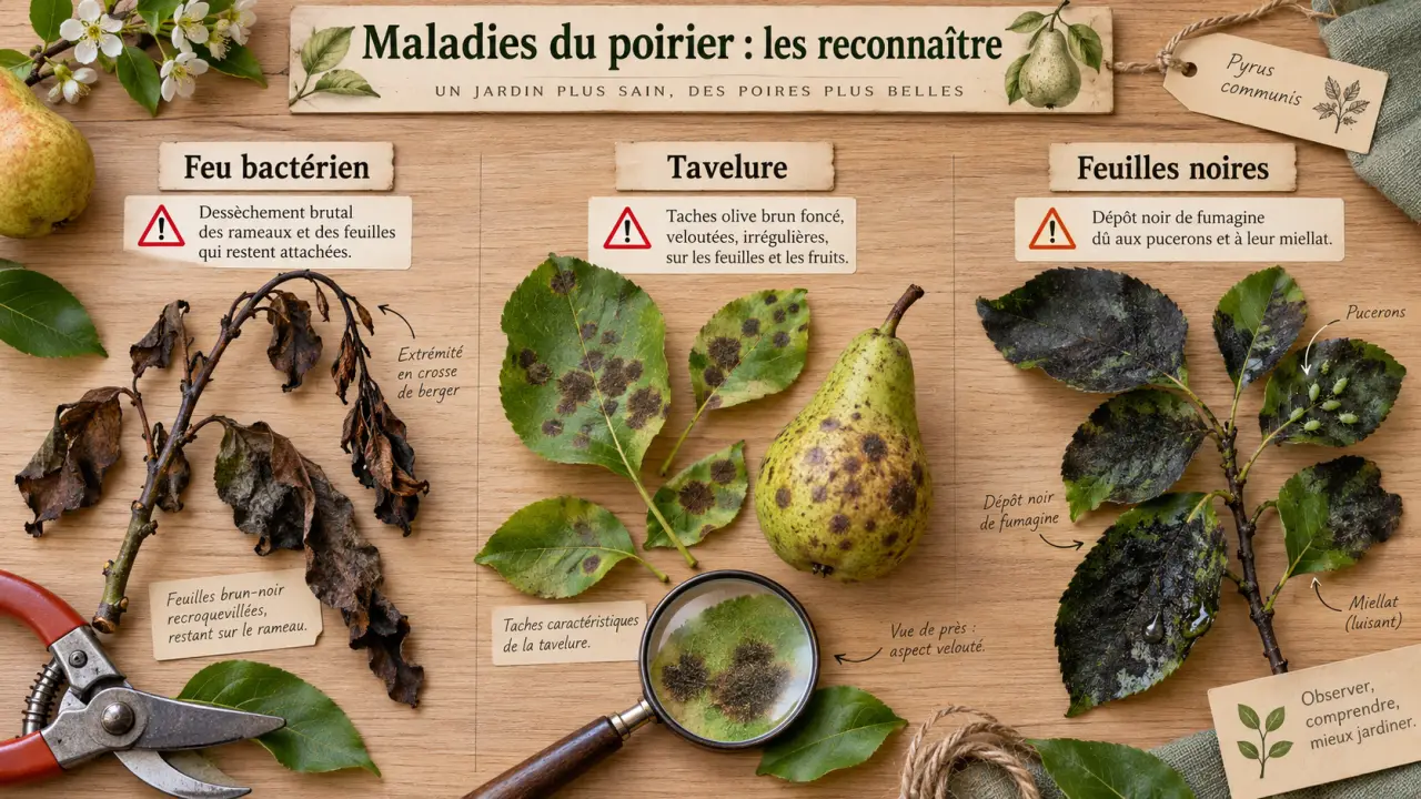 Maladies du poirier : reconnaître le feu bactérien, la tavelure et les feuilles noires