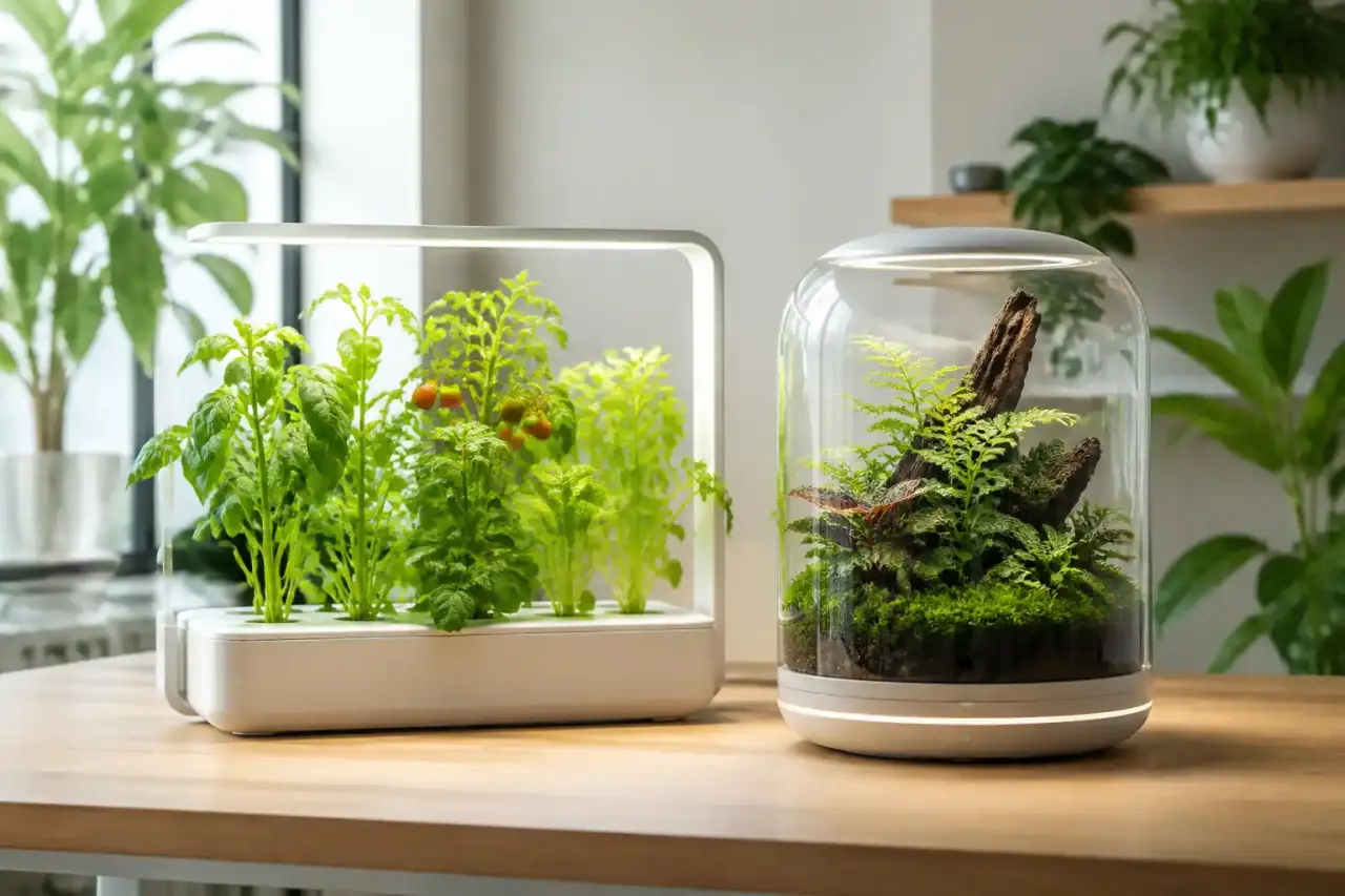 Comparatif entre un système hydroponique moderne et un terrarium connecté en verre