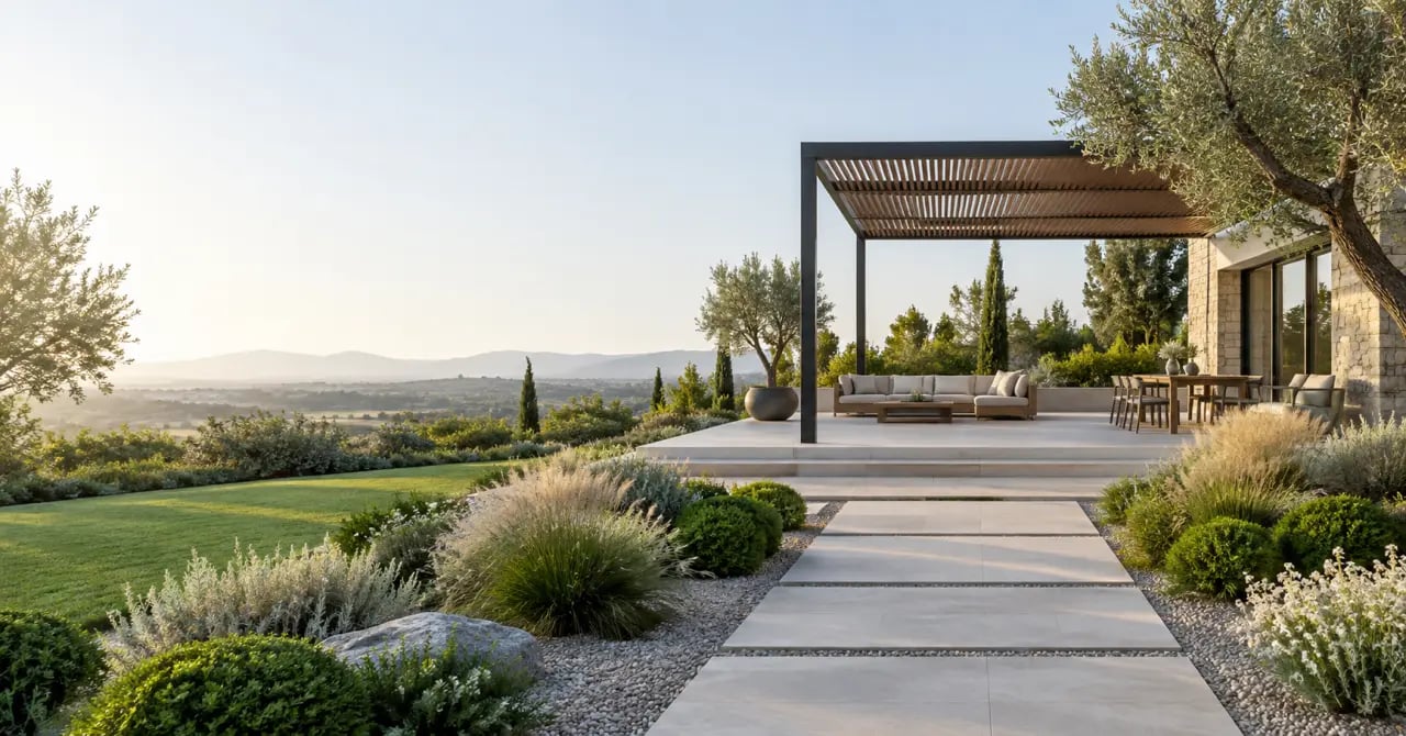 Image de landscaping au format 1200 x 630 montrant un jardin aménagé avec une zone de sécurité pour le recadrage