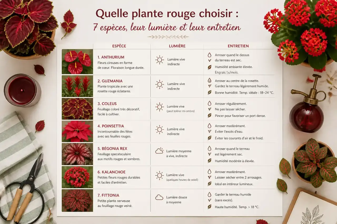 Quelle plante rouge choisir : 7 espèces, leur lumière et leur entretien