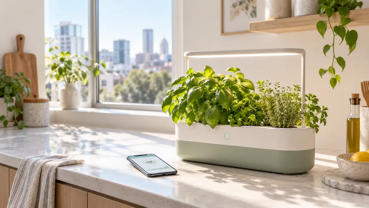 Plante d'intérieur installée dans un système hydroponique connecté au design minimaliste