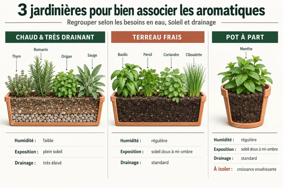 Infographie des associations de jardinières de plantes aromatiques selon l’eau et l’exposition