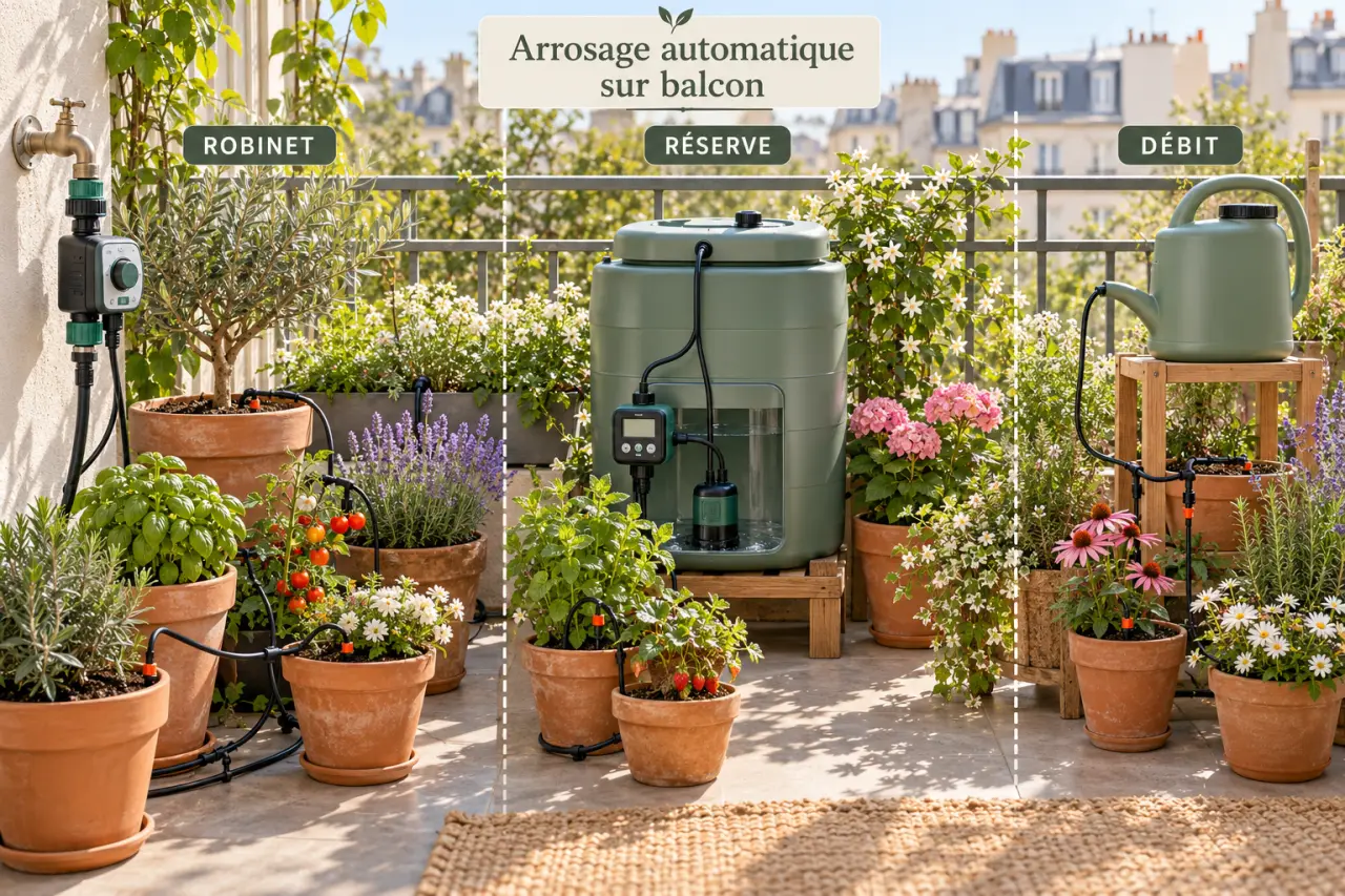 Arrosage automatique sur balcon : le bon système dépend du robinet, de la réserve et du débit