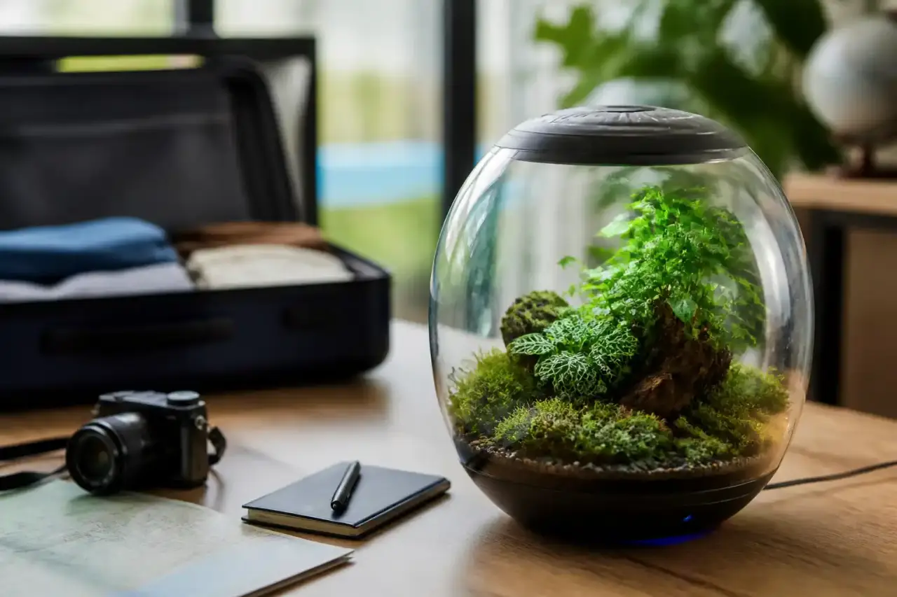 Terrarium connecté dans un salon minimaliste avec éclairage LED doux et plantes d’intérieur luxuriantes