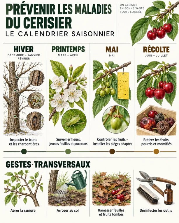 Maladie cerisier : prévention saisonnière et gestes d’entretien de l’hiver à la récolte