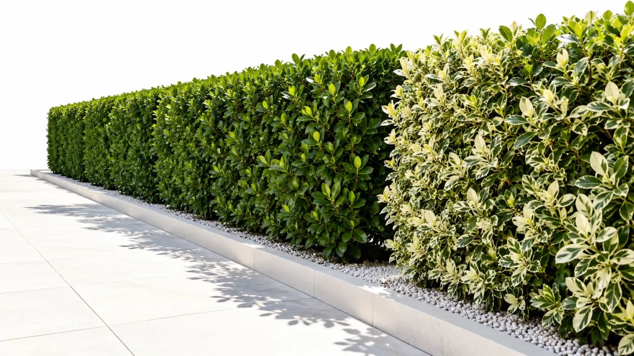 Pittosporum et fusain du Japon en haie d'arbustes persistants plein soleil