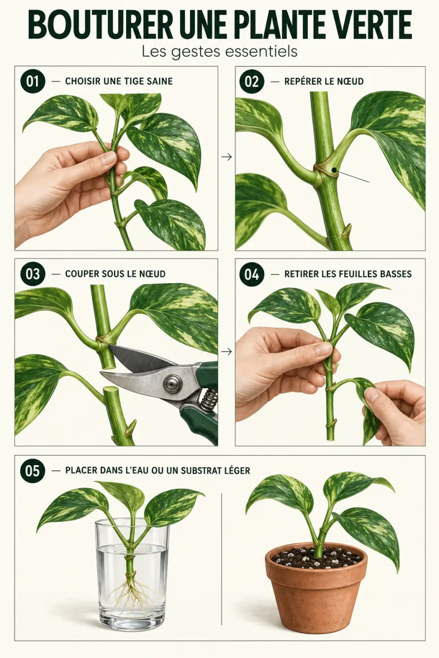 Étapes du bouturage plantes vertes avec repérage du nœud et mise en eau