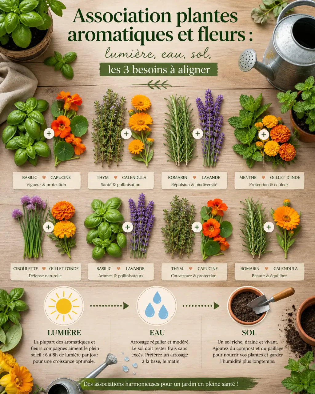 Association plantes aromatiques et fleurs : lumière, eau, sol, les 3 besoins à aligner
