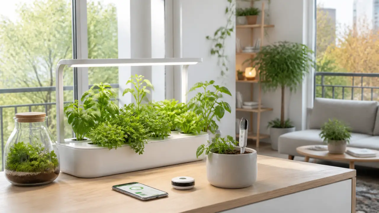 Salon minimaliste avec terrarium connecté, plantes d'intérieur et éclairage LED discret