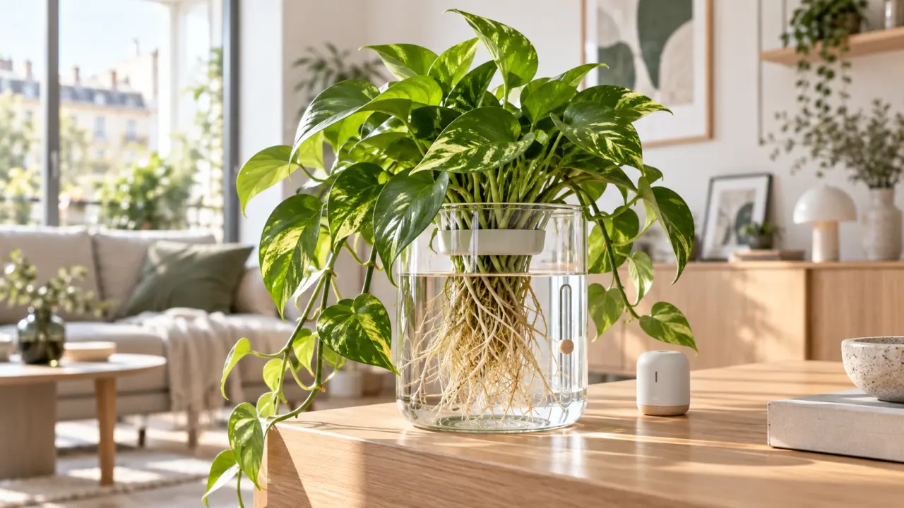 Pothos luxuriant cultivé en hydroponie dans un intérieur minimaliste
