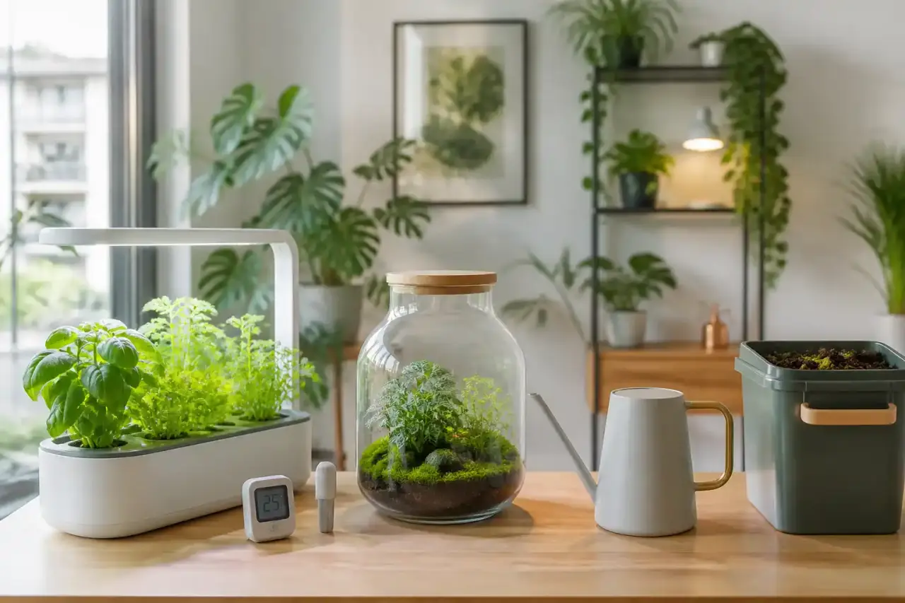 Un intérieur moderne et minimaliste avec des plantes d'intérieur technologiques et des terrariums connectés