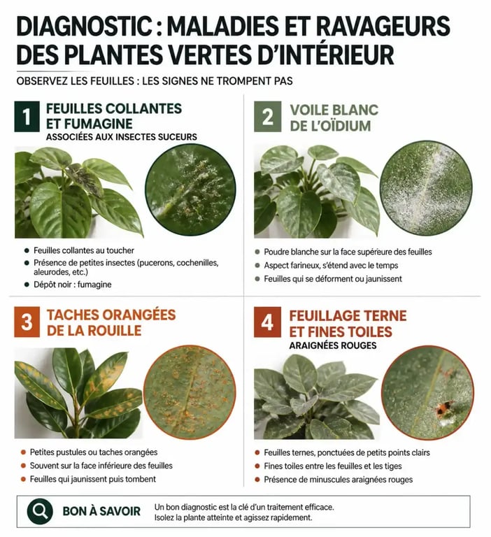 Infographie pour reconnaître une maladie des plantes vertes selon les symptômes des feuilles