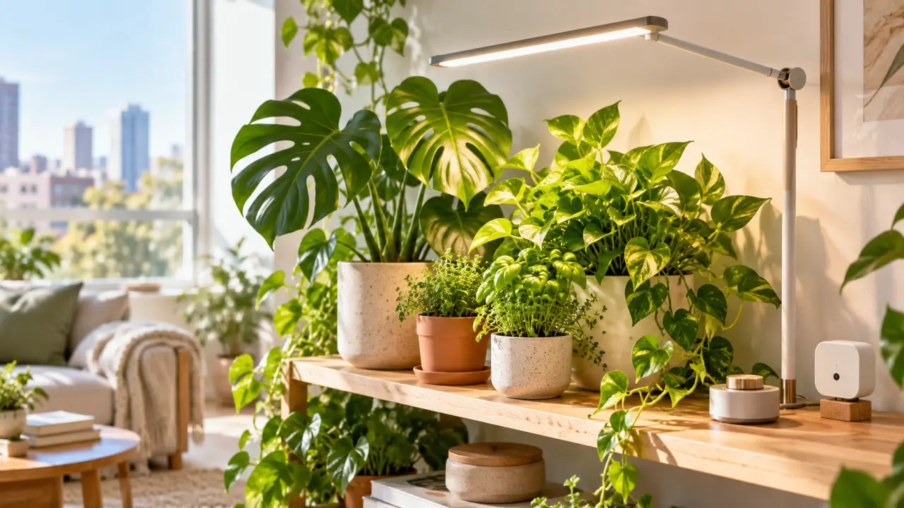 Plantes d'intérieur éclairées par une lampe LED dans un salon minimaliste