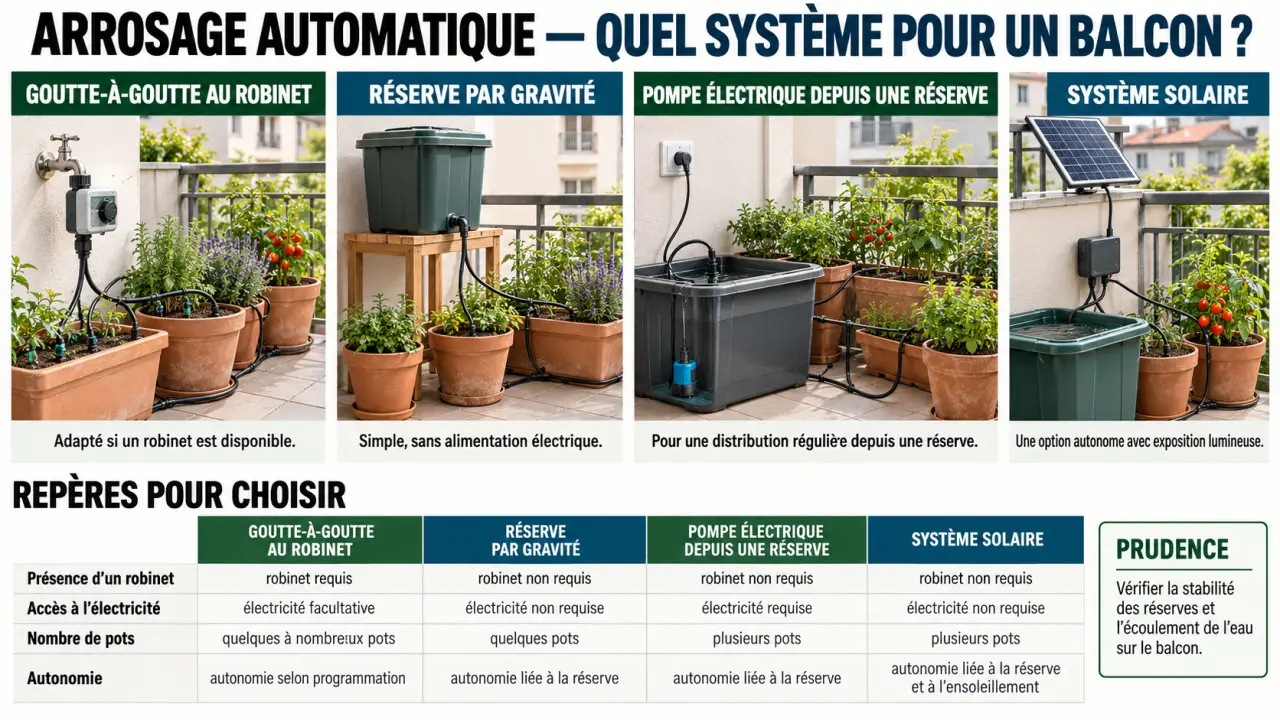 Infographie sur l'arrosage automatique balcon selon le robinet, l'électricité et la réserve d'eau