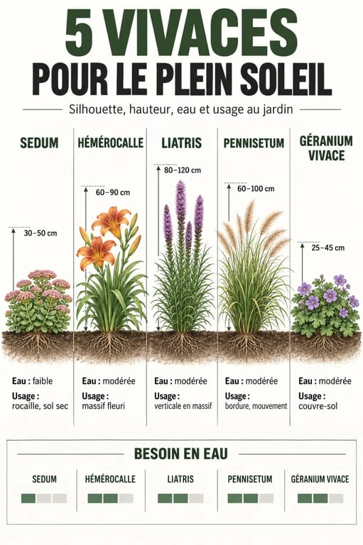 Infographie comparative de vivaces plein soleil adaptées à différents usages et niveaux d'arrosage