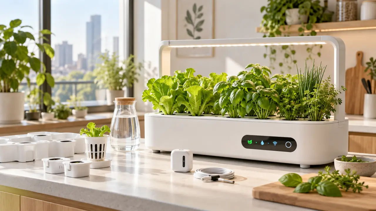 Potager hydroponique connecté avec plantes aromatiques sous éclairage LED dans un intérieur minimaliste