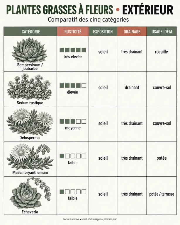 Infographie comparative des plantes grasses à fleurs extérieur selon la rusticité, l’exposition et l’usage