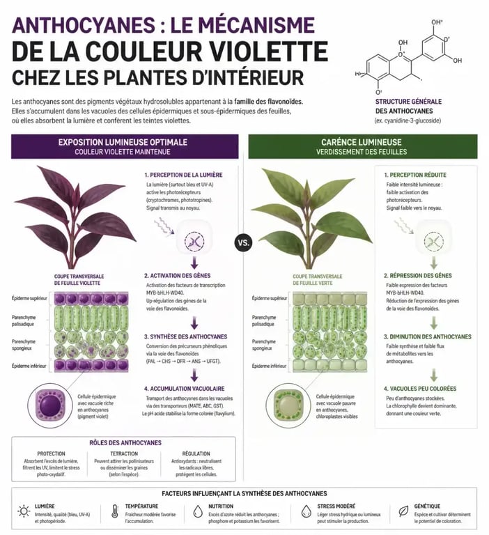 Infographie sur le rôle des anthocyanes et la lumière pour les plantes d'intérieur violettes