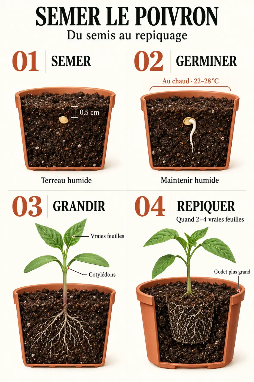 Étapes du semis des poivrons, de la graine au repiquage du jeune plant
