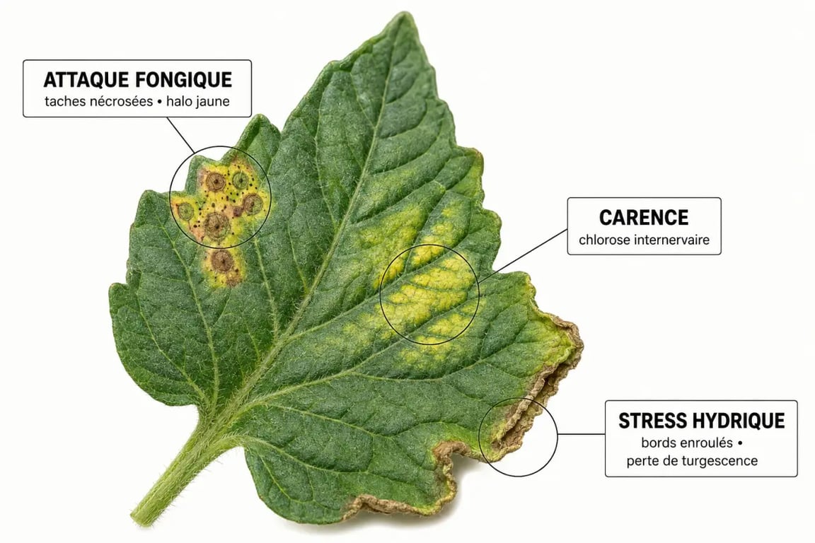 Maladie tomate feuille : feuille annotée pour reconnaître les symptômes et causes possibles