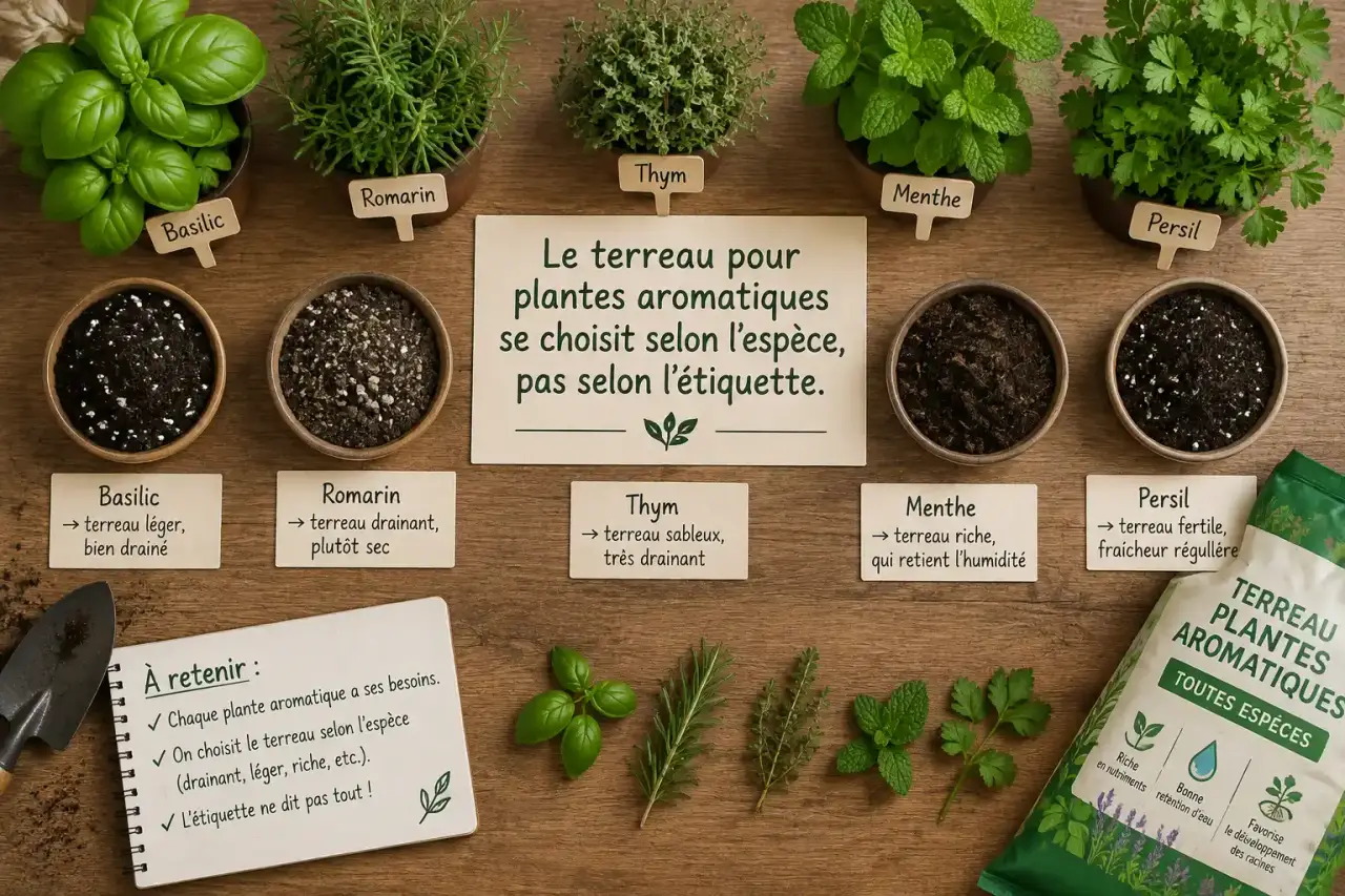 Le terreau pour plantes aromatiques se choisit selon l’espèce, pas selon l’étiquette