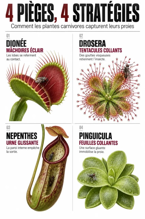 Infographie des mécanismes de piège des plantes carnivores d’intérieur