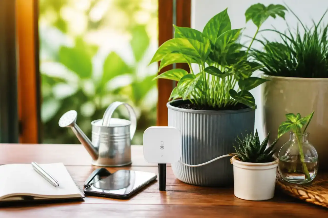 Plantes d'intérieur avec capteurs connectés et éclairage LED dans un salon minimaliste