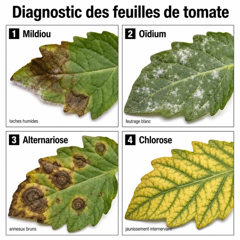 Maladie tomate feuille : comparaison visuelle des symptômes de mildiou, oïdium, alternariose et chlorose