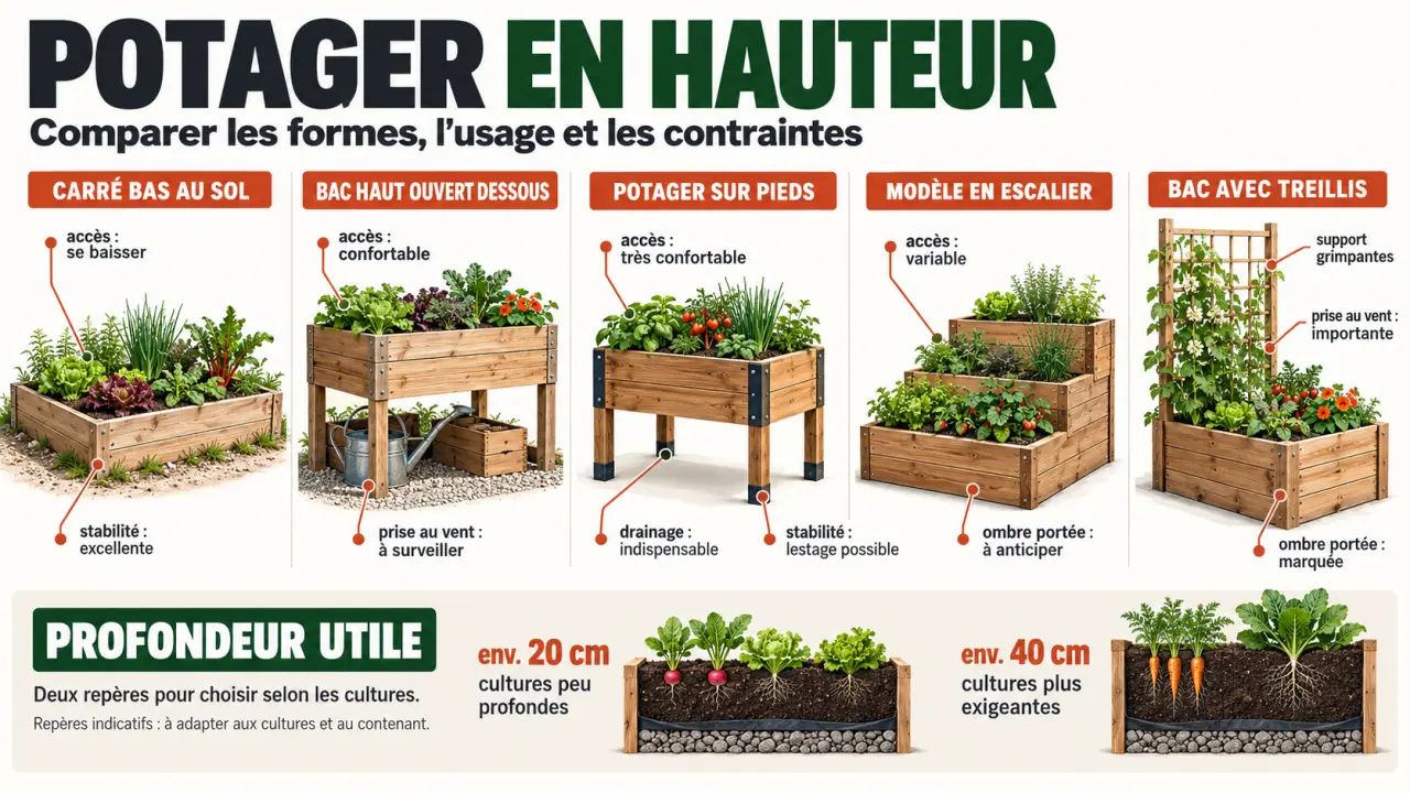 Infographie comparative des modèles de potager en hauteur et de leur profondeur utile