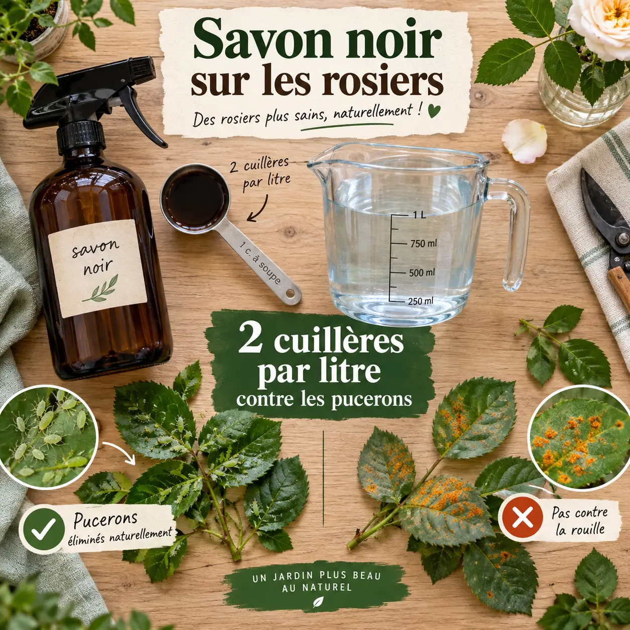 Savon noir sur les rosiers : 2 cuillères par litre contre les pucerons, pas contre la rouille