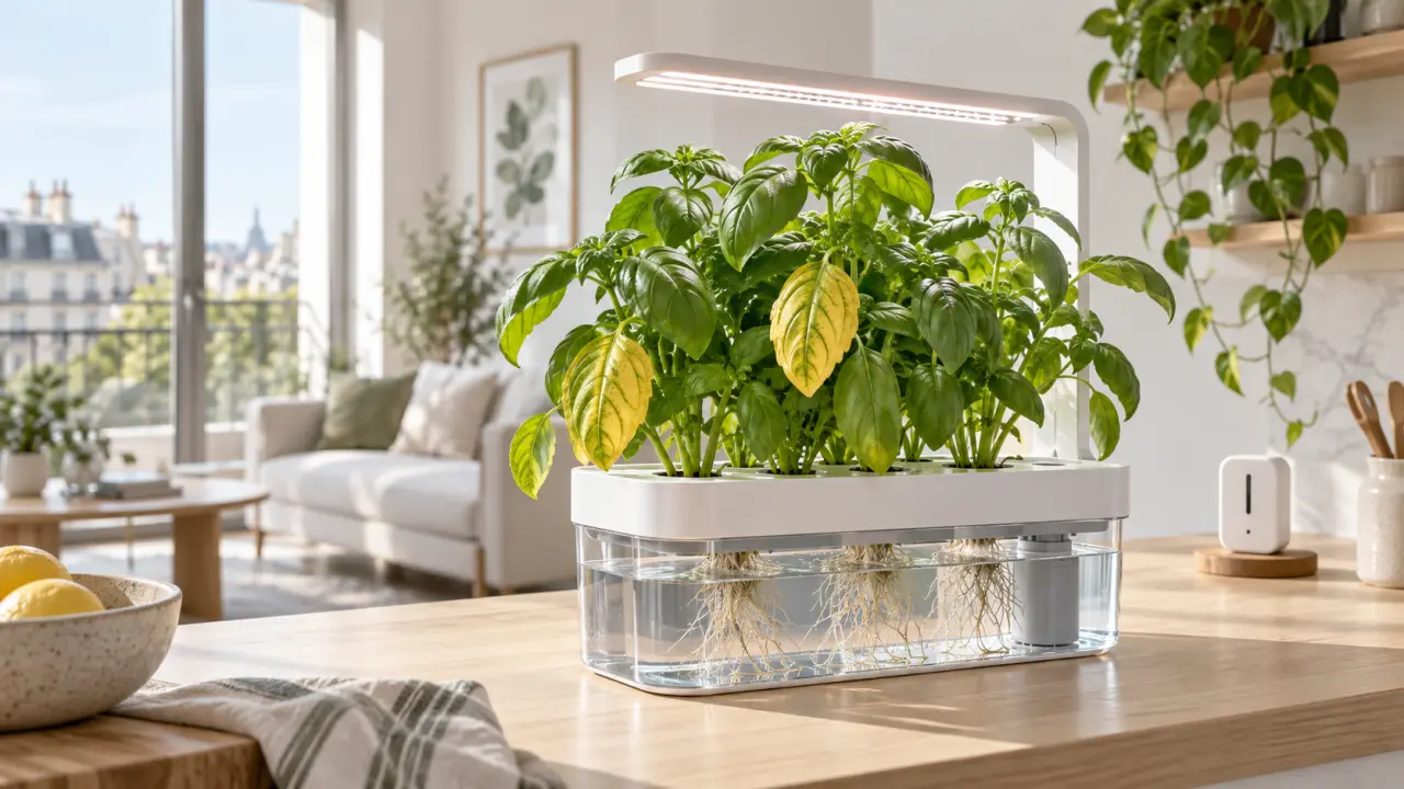 Plante d'intérieur cultivée en hydroponie avec quelques feuilles jaunissantes