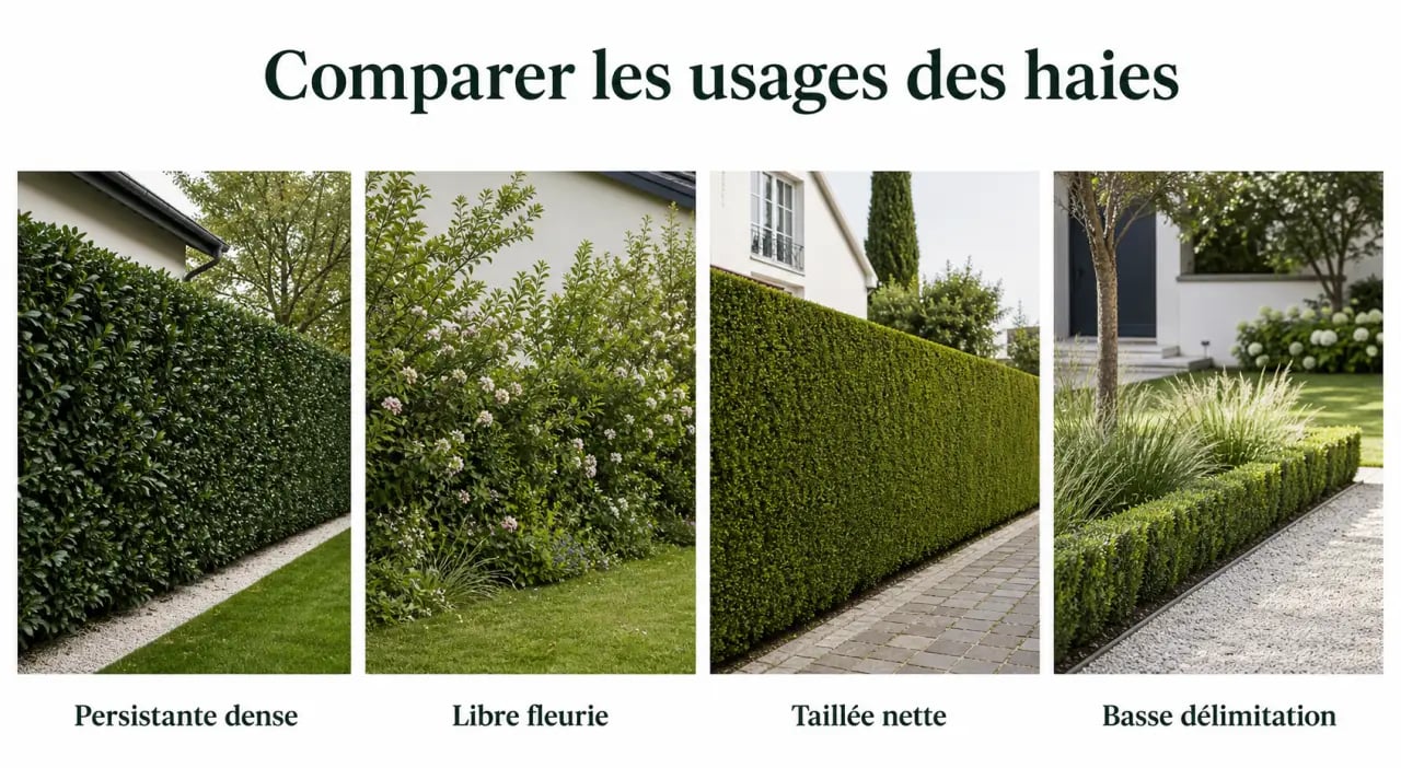 Comparatif des arbustes pour haies avec haie persistante, haie libre, haie taillée et haie basse dans un jardin