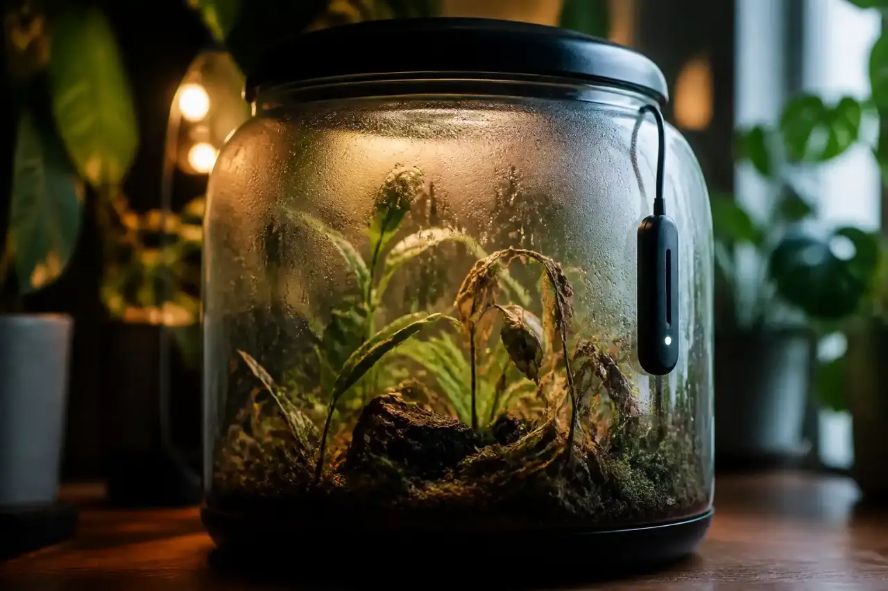 Terrarium connecté moderne avec plantes d'intérieur et éclairage LED subtil
