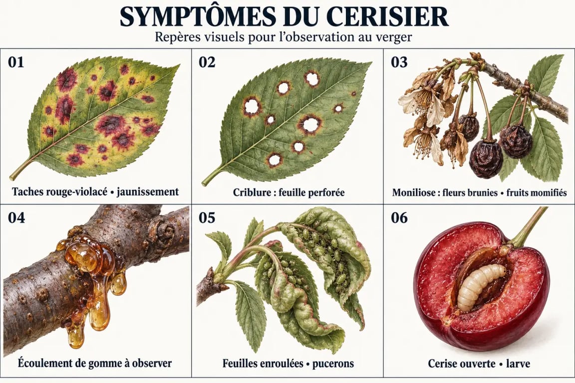 Maladie cerisier : planche comparative des symptômes sur feuilles, fleurs, fruits, rameaux et tronc