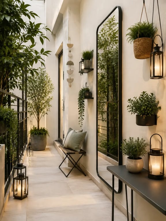 Décoration de jardin originale sur une petite terrasse urbaine avec miroir et lanternes