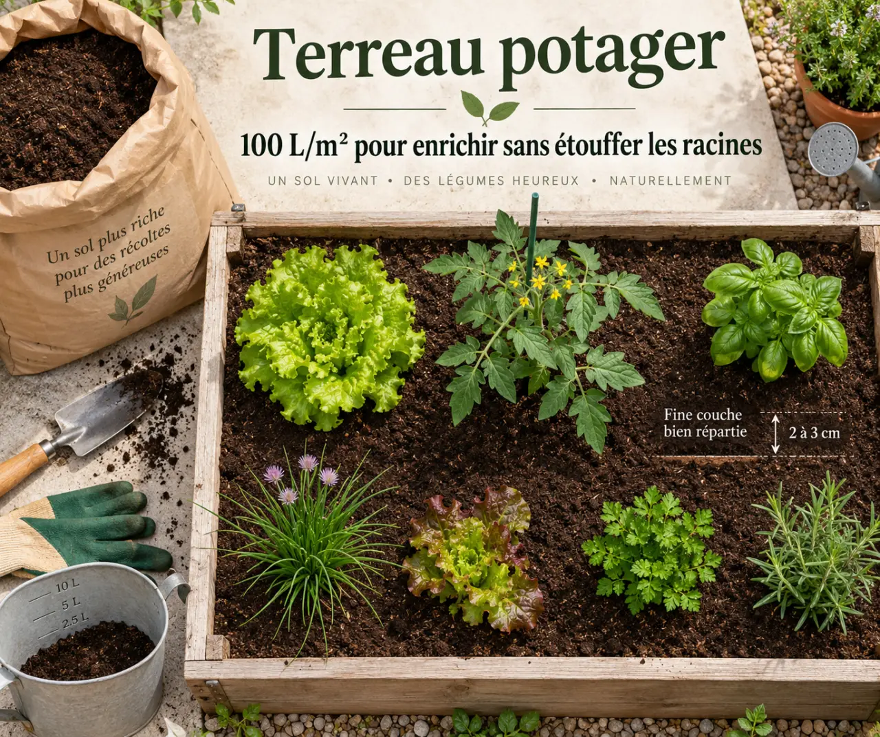 Terreau potager : 100 L/m² pour enrichir sans étouffer les racines