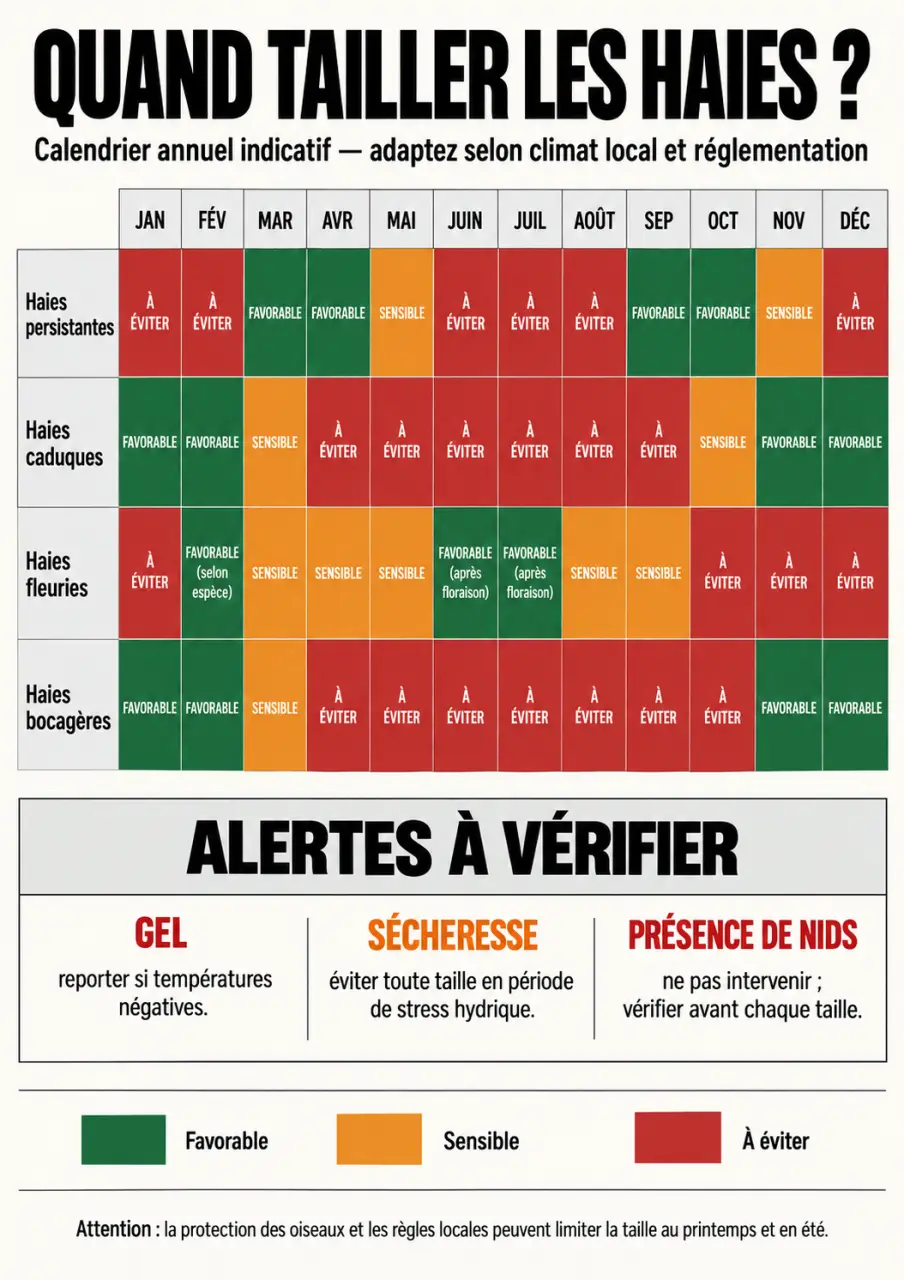 Calendrier pour tailler les haies selon les mois, les espèces et les périodes sensibles